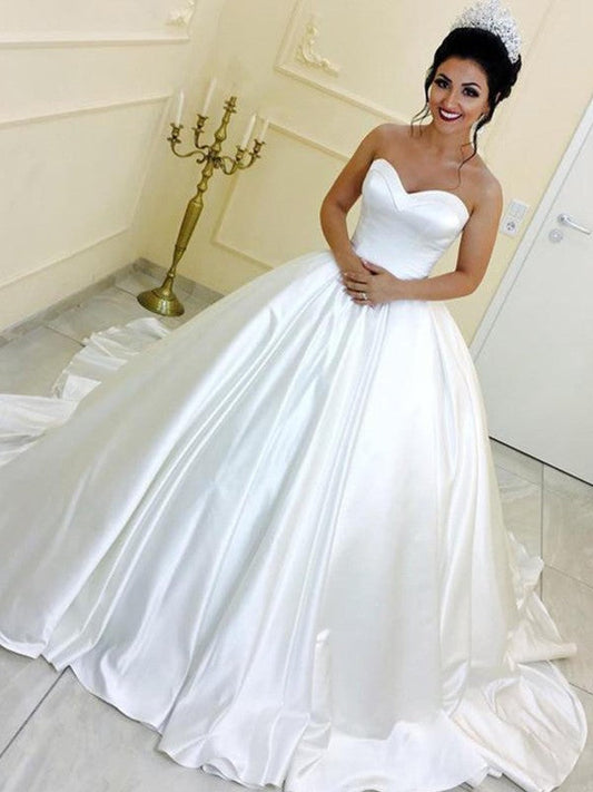 Ball Gown Sweetheart Satin Sleeveless Sash/Ribbon/Belt Cathedral Train Wedding Dresses CICIP0006219