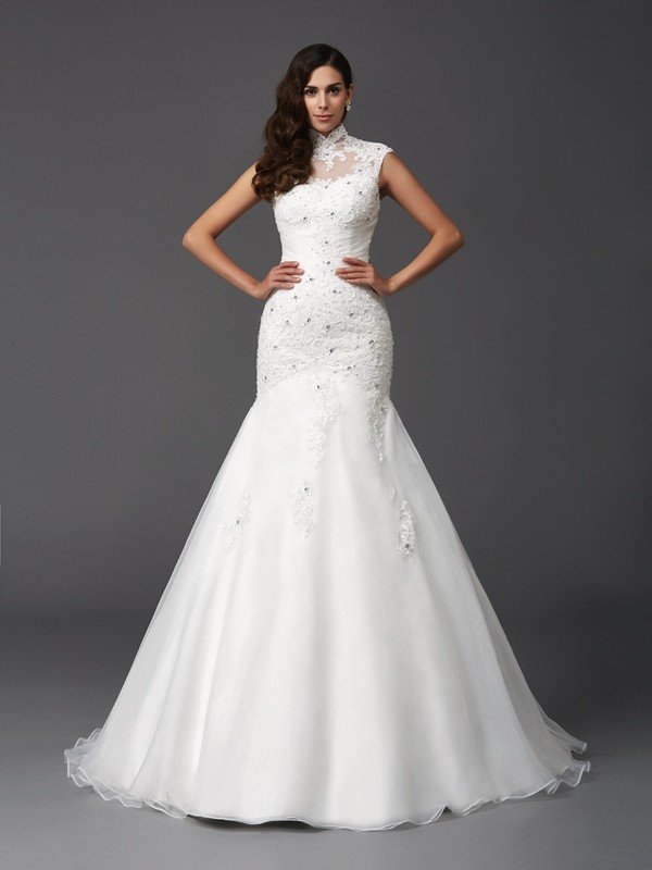 Trumpet/Mermaid High Neck Beading Sleeveless Long Organza Wedding Dresses CICIP0006227