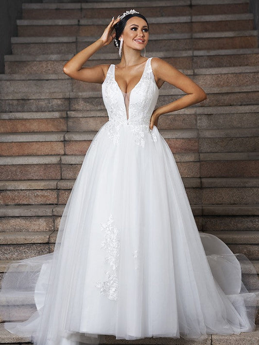 A-Line/Princess Tulle Applique V-neck Sleeveless Sweep/Brush Train Wedding Dresses CICIP0006401