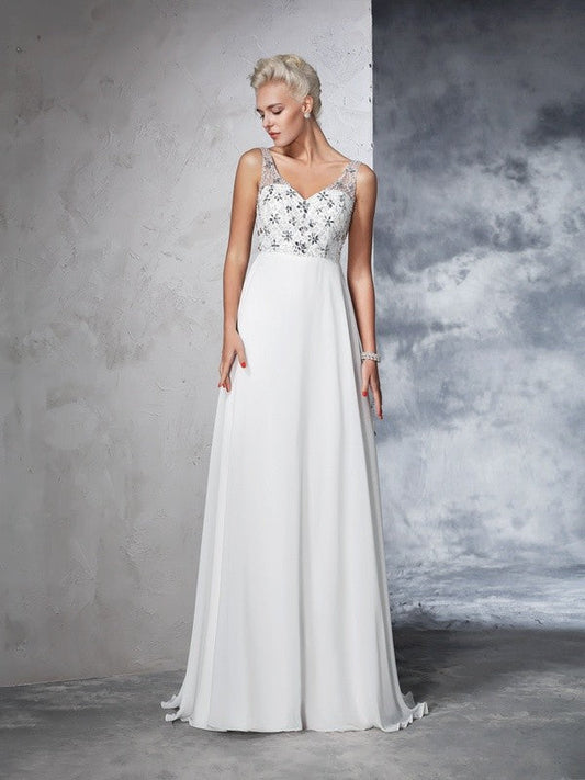 A-Line/Princess V-neck Beading Sleeveless Long Chiffon Wedding Dresses CICIP0006862