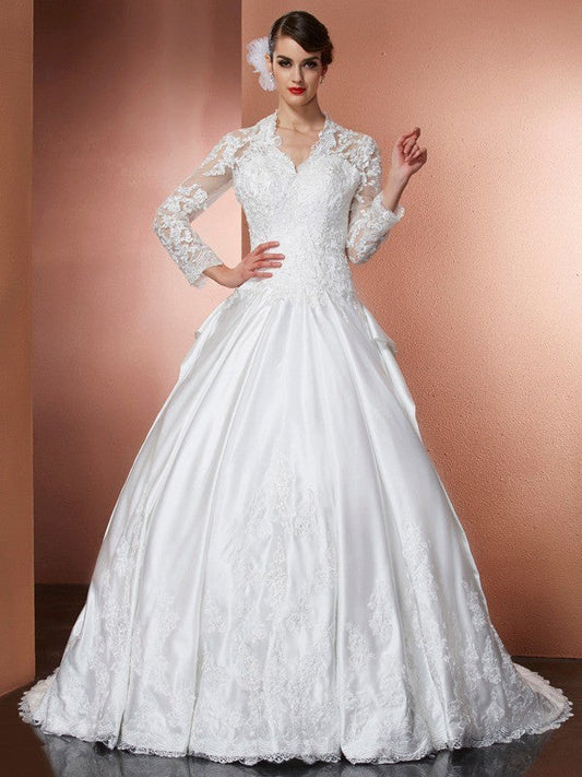 A-Line/Princess V-neck Long Sleeves Applique Long Satin Wedding Dresses CICIP0006802