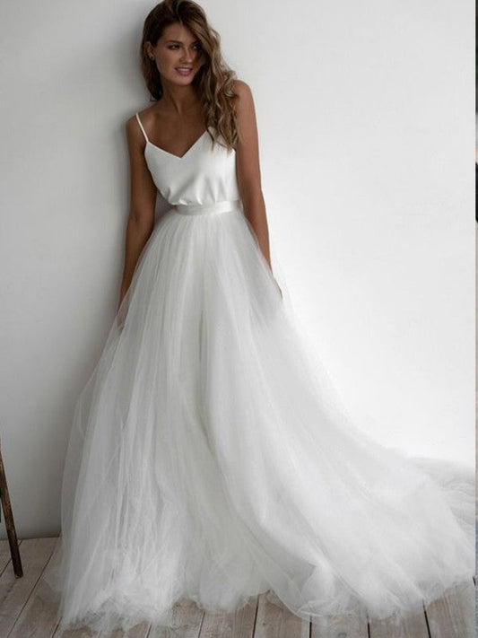 A-Line/Princess Spaghetti Straps Tulle Sleeveless Ruffles Sweep/Brush Train Wedding Dresses CICIP0006966