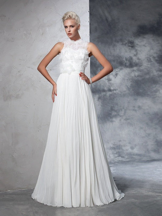 A-Line/Princess High Neck Pleats Sleeveless Long Chiffon Wedding Dresses CICIP0006909