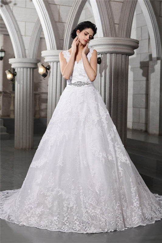 A-Line/Princess V-neck Sleeveless Beading Applique Long Organza Wedding Dresses CICIP0006699