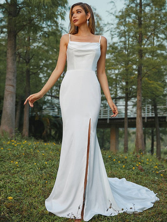 Sheath/Column Charmeuse Ruched Spaghetti Straps Sleeveless Sweep/Brush Train Wedding Dresses CICIP0006440