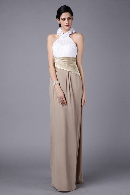 Sheath/Column High Neck Sleeveless Pleats Ruffles Long Elastic Woven Satin Chiffon Bridesmaid Dresses CICIP0005665