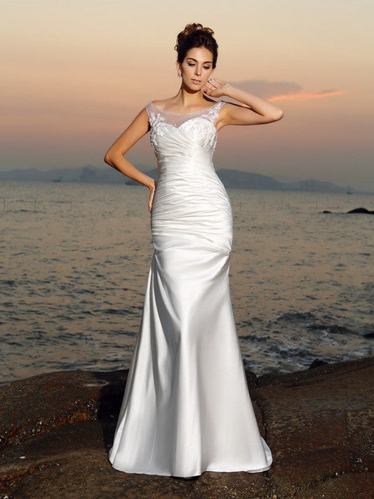 Trumpet/Mermaid Scoop Beading Sleeveless Long Satin Beach Wedding Dresses CICIP0006202