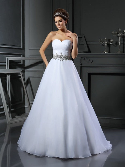 Ball Gown Sweetheart Beading Sleeveless Long Satin Wedding Dresses CICIP0006141