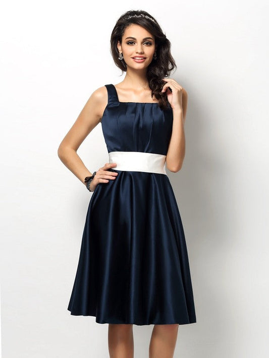 Sheath/Column Square Sash/Ribbon/Belt Sleeveless Short Satin Bridesmaid Dresses CICIP0005781