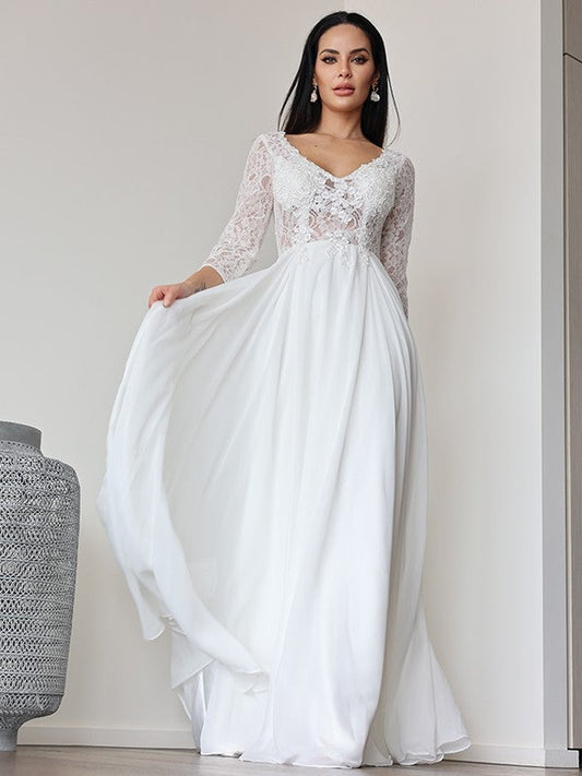 A-Line/Princess Chiffon Lace V-neck 3/4 Sleeves Floor-Length Wedding Dresses CICIP0007031