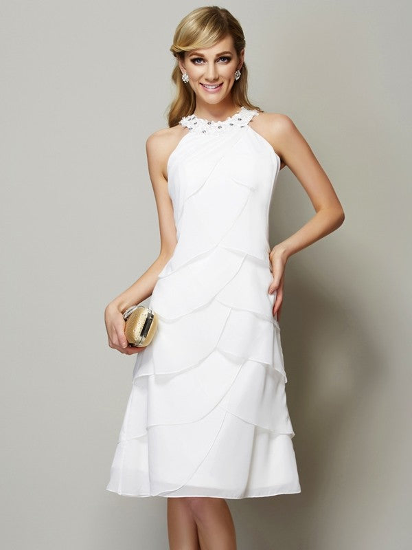 Sheath/Column Bateau Sleeveless Beading Short Chiffon Bridesmaid Dresses CICIP0005163