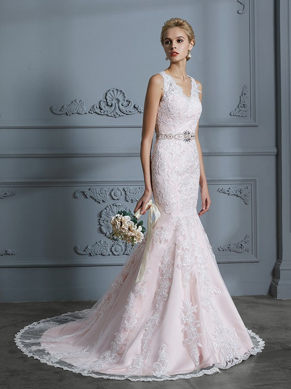 Trumpet/Mermaid V-neck Sleeveless Applique Tulle Court Train Wedding Dresses CICIP0006470