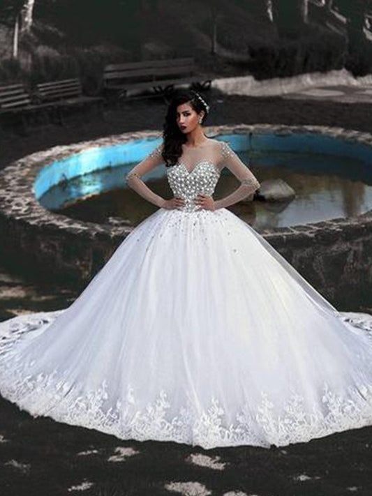 Ball Gown Tulle Beading Scoop Long Sleeves Sweep/Brush Train Wedding Dresses CICIP0006828