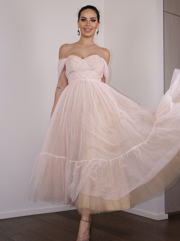 A-Line/Princess Lace Ruched Off-the-Shoulder Sleeveless Tea-Length Homecoming Dresses CICIP0004739