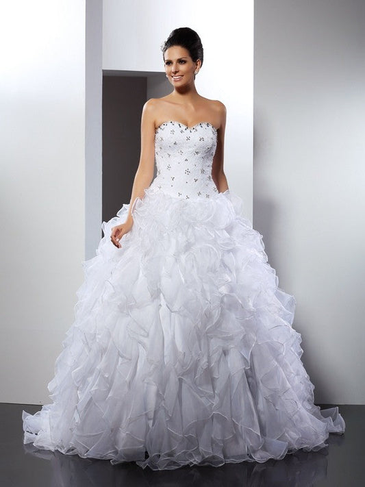 Ball Gown Sweetheart Ruffles Sleeveless Long Satin Wedding Dresses CICIP0006538