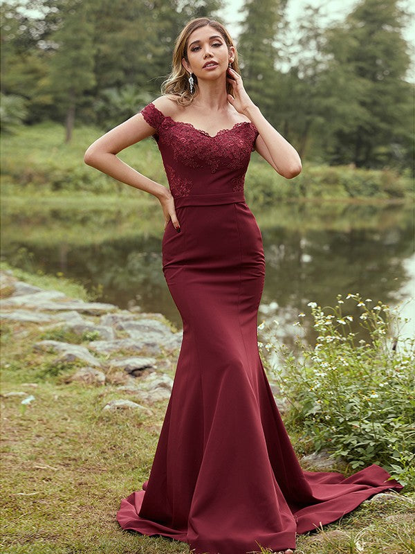 Sheath/Column Stretch Crepe Applique Off-the-Shoulder Sleeveless Sweep/Brush Train Bridesmaid Dresses CICIP0004931