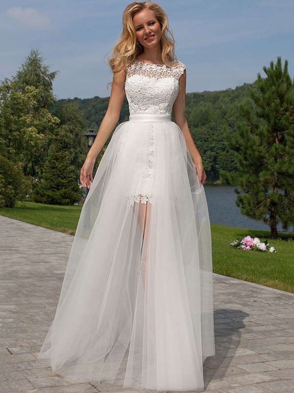 Sheath/Column Sleeveless Lace Scoop Floor-Length Tulle Wedding Dresses CICIP0006199