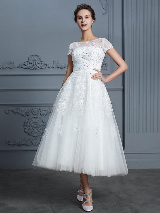 A-Line/Princess Scoop Short Sleeves Tea-Length Beading Tulle Wedding Dresses CICIP0006474