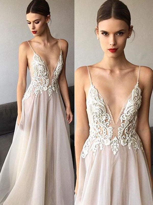 A-Line/Princess Sleeveless V-neck Sweep/Brush Train Spaghetti Straps Lace Organza Wedding Dresses CICIP0006522