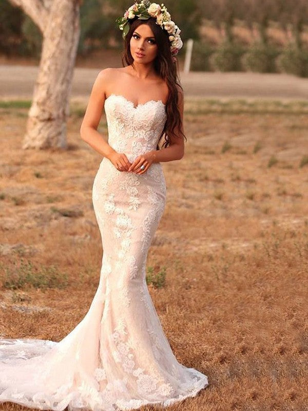 Trumpet/Mermaid Lace Applique Sweetheart Sleeveless Sweep/Brush Train Wedding Dresses CICIP0005919