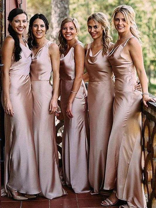 Sheath/Column Sleeveless V-neck Sweep/Brush Train Silk like Satin Bridesmaid Dresses CICIP0005038