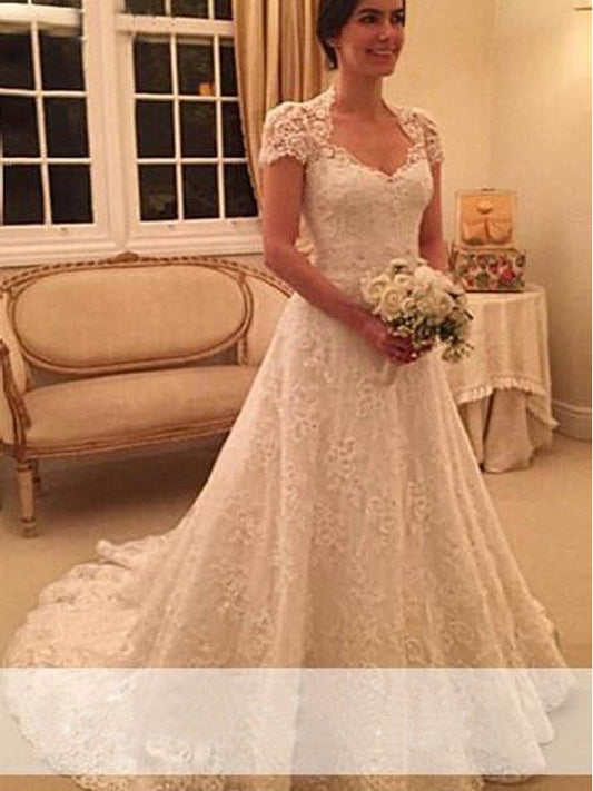 A-Line/Princess Sweetheart Court Train Short Sleeves Lace Wedding Dresses CICIP0006164