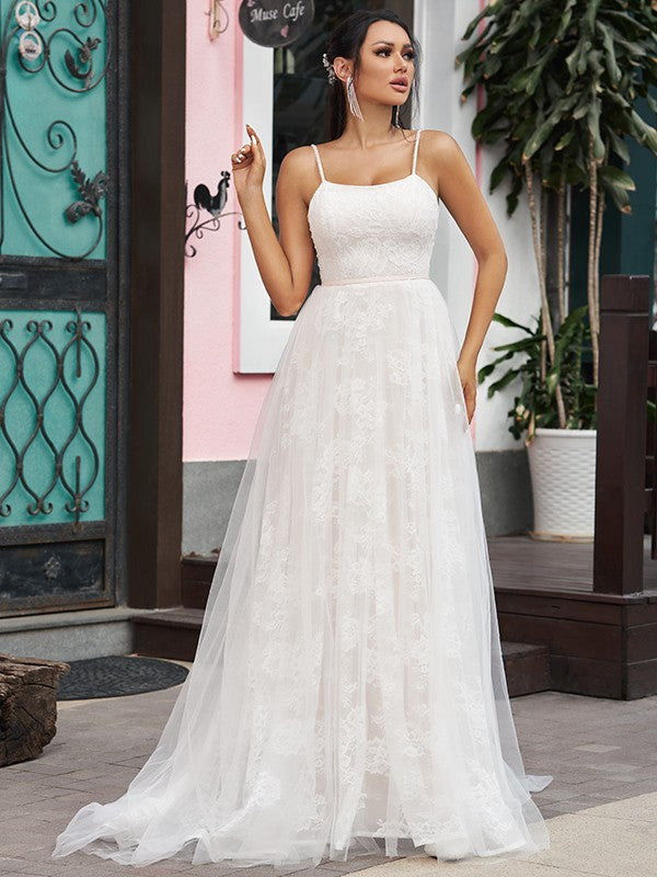 A-Line/Princess Lace Ruffles Spaghetti Straps Sleeveless Sweep/Brush Train Wedding Dresses CICIP0006402