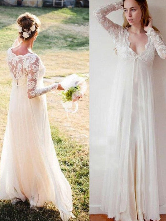 Empire V-neck Lace long Sleeves Floor-Length Chiffon Wedding Dresses CICIP0006667