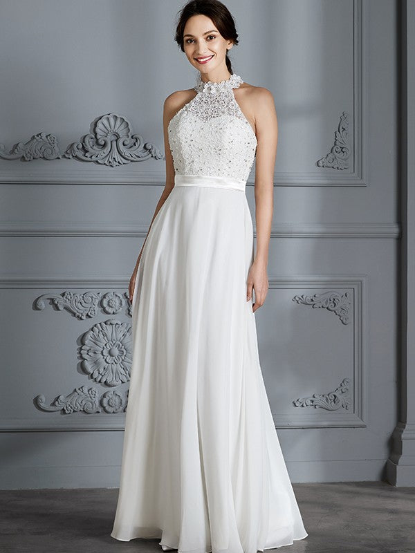 A-Line/Princess Scoop Sleeveless Floor-Length Chiffon Wedding Dresses CICIP0006361