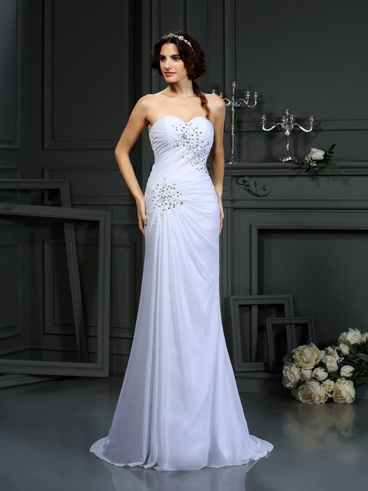 Sheath/Column Sweetheart Beading Sleeveless Long Chiffon Wedding Dresses CICIP0006553