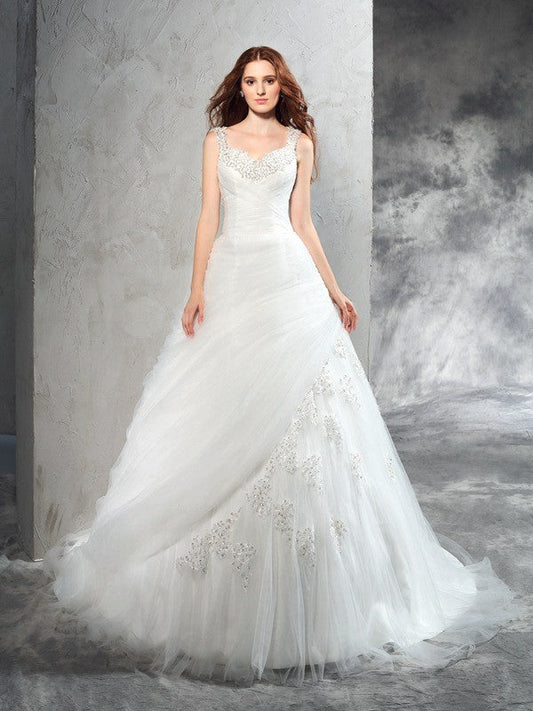 Ball Gown Straps Applique Sleeveless Long Net Wedding Dresses CICIP0006551