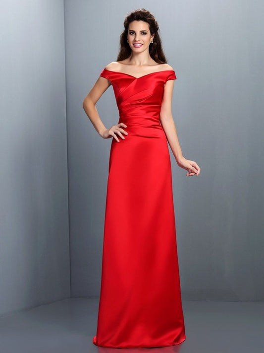 Sheath/Column Off-the-Shoulder Sleeveless Long Satin Bridesmaid Dresses CICIP0005332