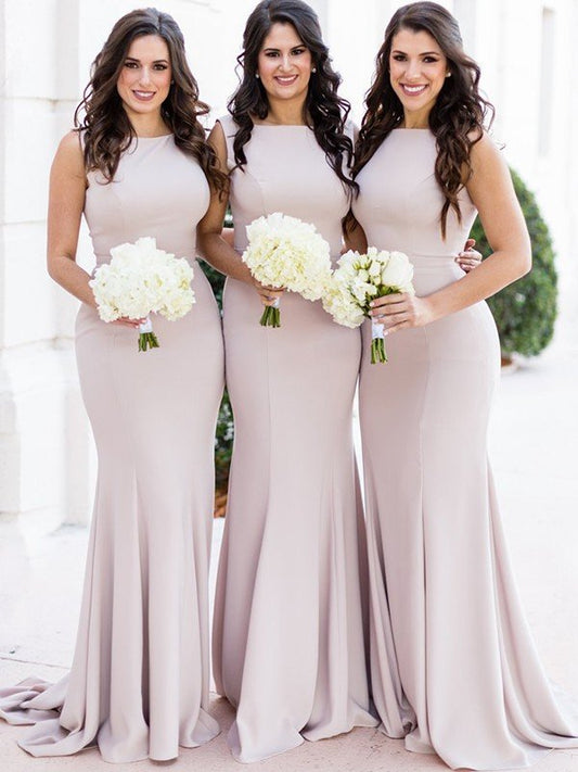 Sheath/Column Sleeveless Sheer Neck Sweep/Brush Train Spandex Bridesmaid Dresses CICIP0005062