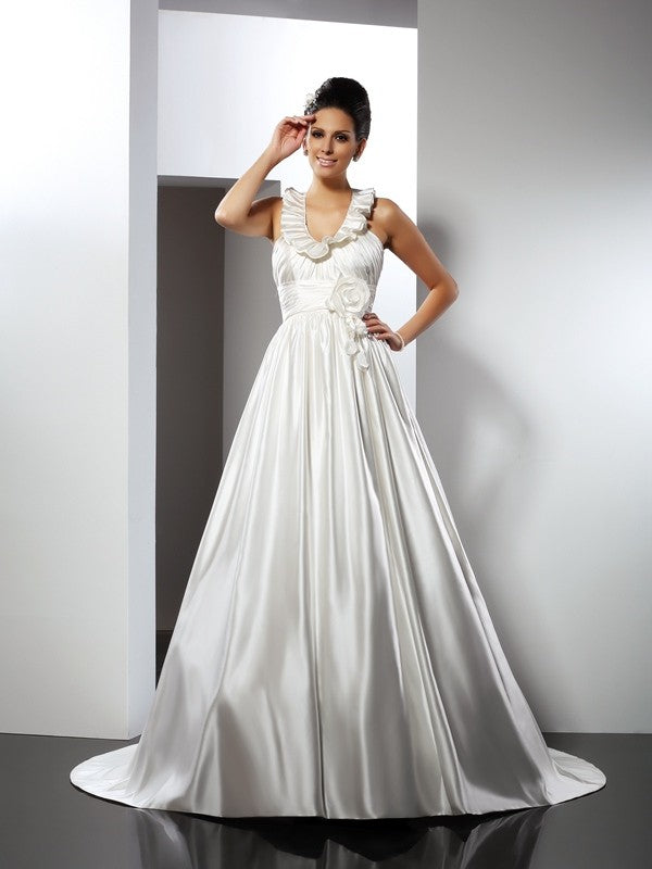 A-Line/Princess Halter Hand-Made Flower Sleeveless Long Satin Wedding Dresses CICIP0006918