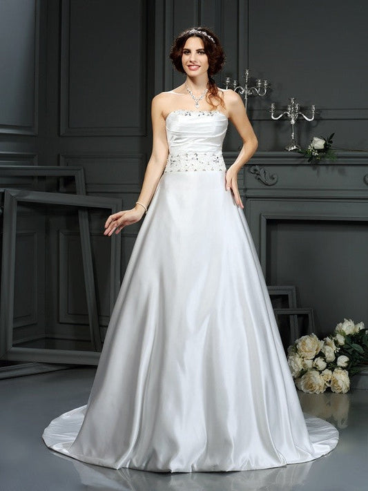 A-Line/Princess Strapless Beading Sleeveless Long Satin Wedding Dresses CICIP0006869