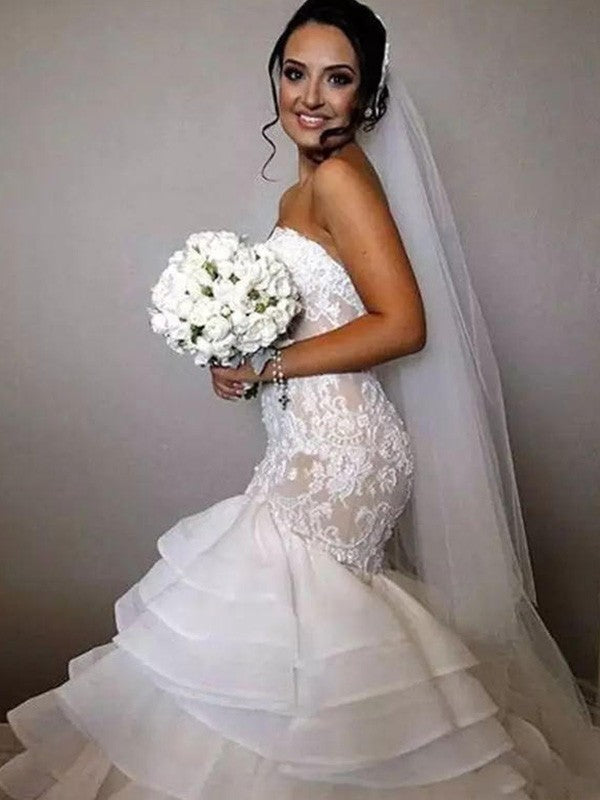 Trumpet/Mermaid Sleeveless Sweetheart Chapel Train Ruffles Applique Lace Organza Wedding Dresses CICIP0006468