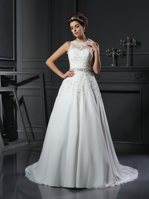 A-Line/Princess High Neck Beading Sleeveless Long Satin Wedding Dresses CICIP0006597