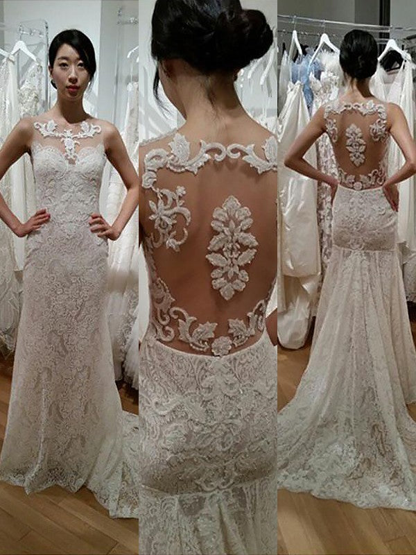 Trumpet/Mermaid Lace Scoop Sleeveless Sweep/Brush Train Wedding Dresses CICIP0006760