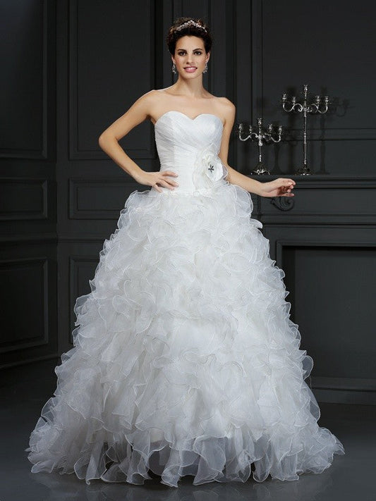 Ball Gown Sweetheart Hand-Made Flower Sleeveless Long Organza Wedding Dresses CICIP0006877