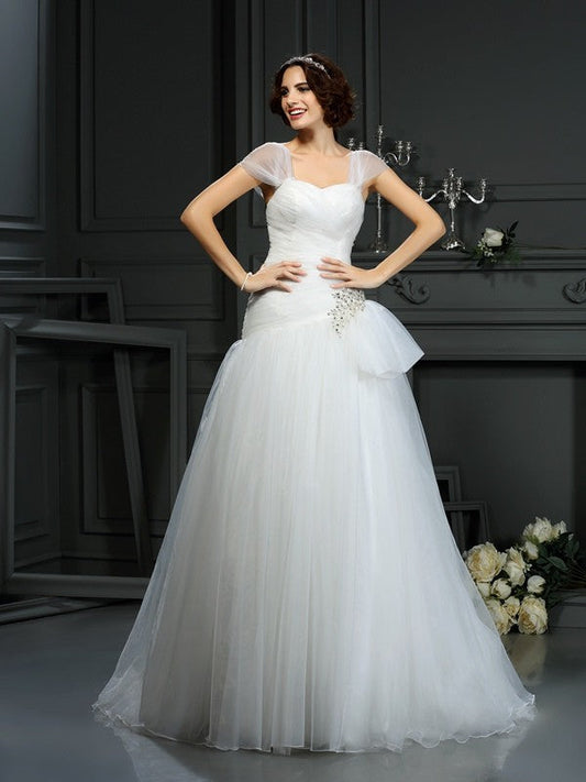 A-Line/Princess Sweetheart Beading Sleeveless Long Organza Wedding Dresses CICIP0006942