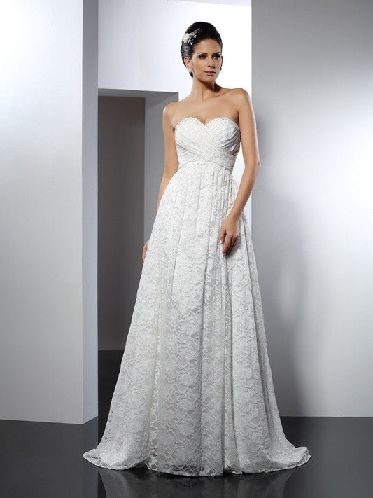 A-Line/Princess Sweetheart Sleeveless Long Satin Wedding Dresses CICIP0006586