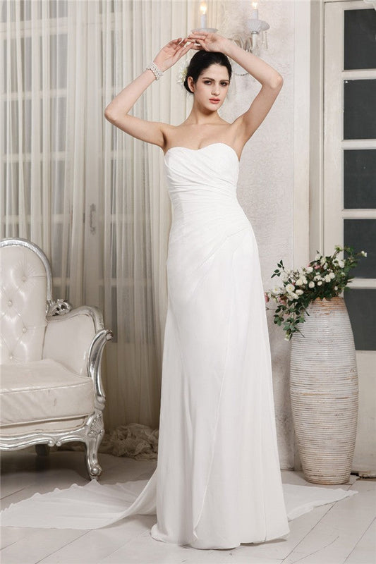 Sheath/Column Sweetheart Sleeveless Ruffles Long Chiffon Wedding Dresses CICIP0006952