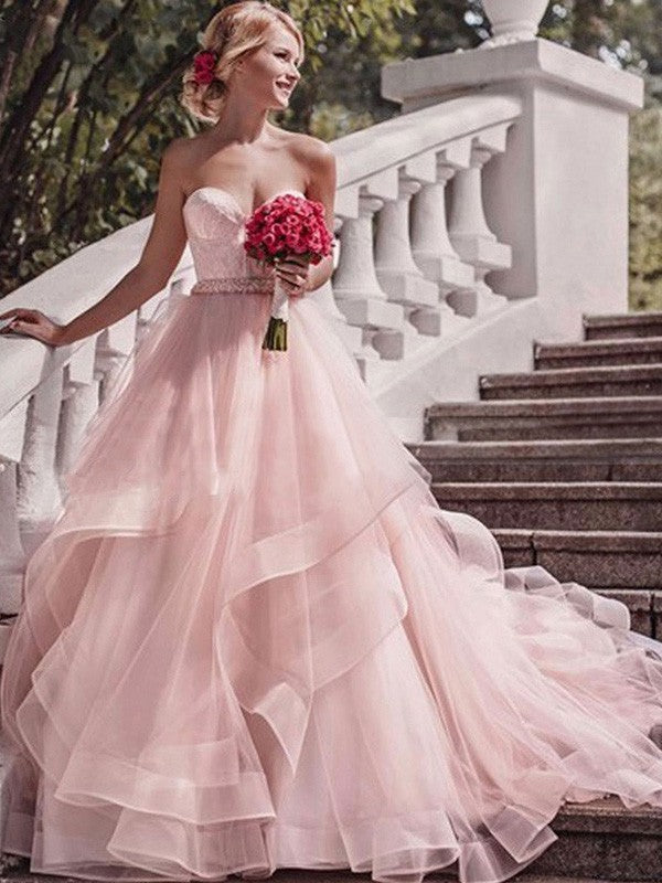 Ball Gown Sweetheart Sleeveless Court Train Layers Organza Wedding Dresses CICIP0006467