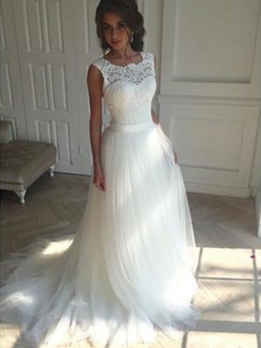 A-Line/Princess Sleeveless Square Court Train Tulle Wedding Dresses CICIP0006238