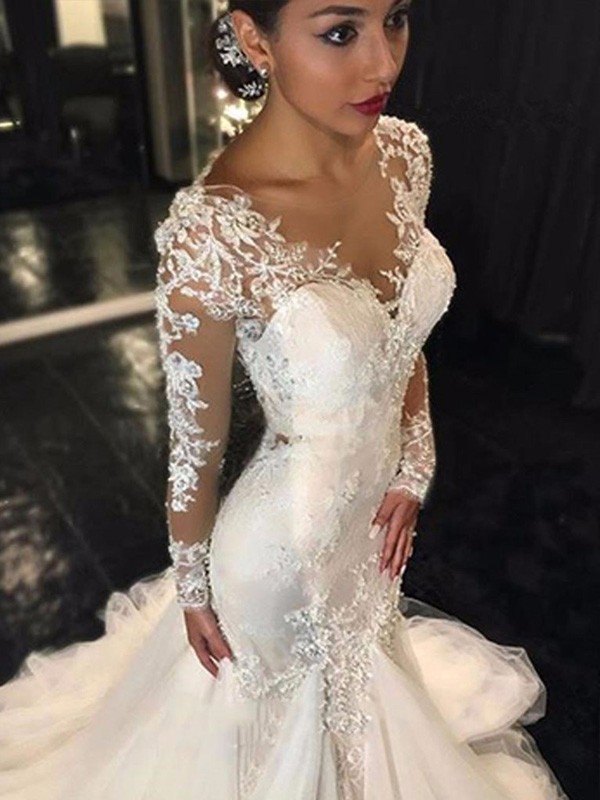 Trumpet/Mermaid V-neck Long Sleeves Lace Court Train Tulle Wedding Dresses CICIP0005957