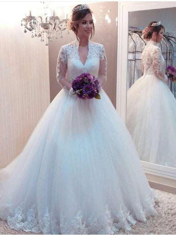 Ball Gown Tulle Applique High Neck Long Sleeves Sweep/Brush Train Wedding Dresses CICIP0006757