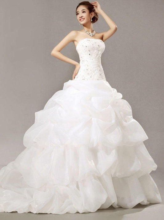 Ball Gown Sleeveless Strapless Cathedral Train Beading Lace Pleats Organza Wedding Dresses CICIP0006543