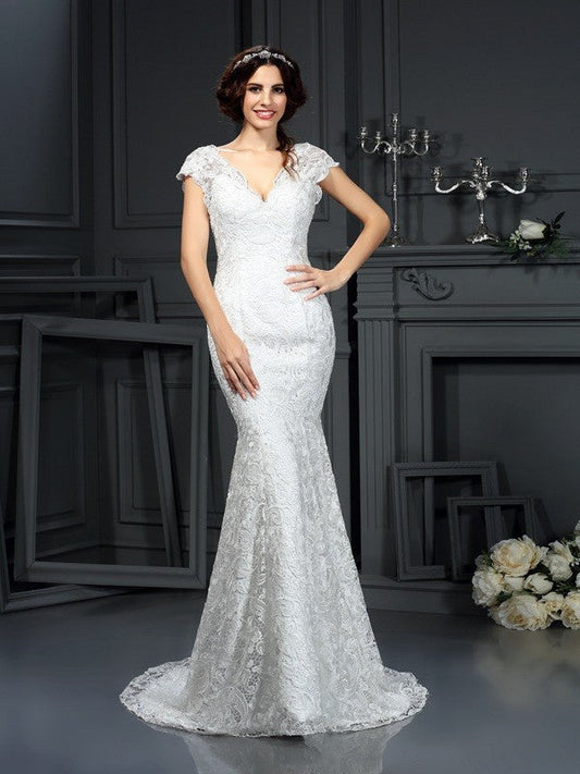 Trumpet/Mermaid V-neck Lace Sleeveless Long Lace Wedding Dresses CICIP0006662