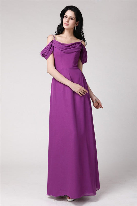 Sheath/Column Sleeveless Pleats Spaghetti Straps Long Chiffon Bridesmaid Dresses CICIP0005742