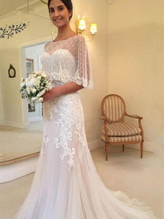 Sheath/Column Tulle Applique Sweetheart Sleeveless Sweep/Brush Train Wedding Dresses CICIP0006810